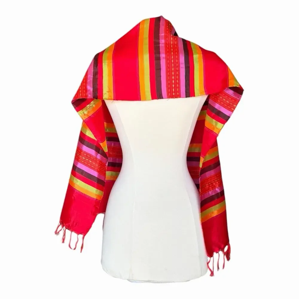 Handwoven Kikoy Cotton Wrap Scarf Colorful Striped Fringe Shawl Vibrant Stripes